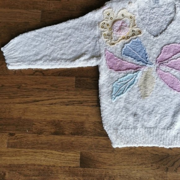 Vintage 80s Cottage Core White Pastel Sweater Large - Picture 7 of 8